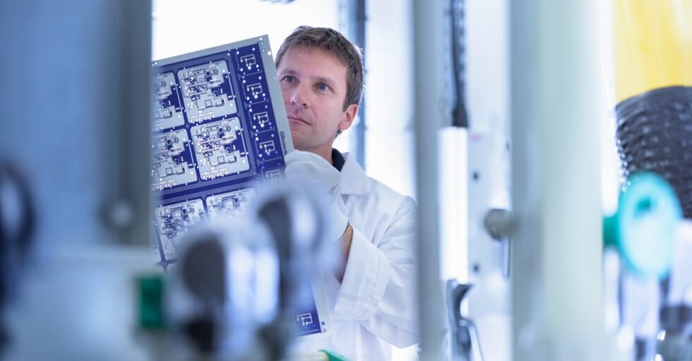 Worker inspecting circuit board by processing plant in circuit board factory