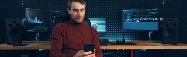 Young man working in the studio using a smartphone and computer.